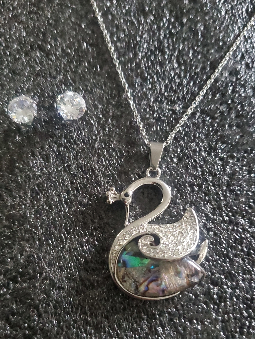 Abalone Shell Crystal Swan Queen Pendant Necklace in Polished Stainless Steel